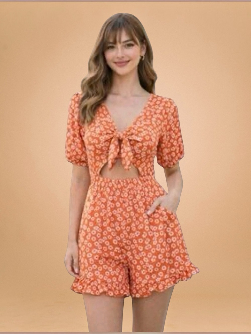 Urban Outfitters Orange and White Floral Romper Size Small